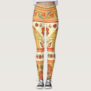 Ethnic elephants, flowers, seamless pattern. leggings