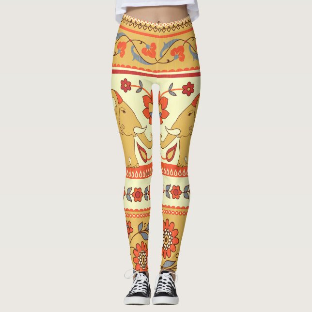 Ethnic elephants, flowers, seamless pattern. leggings (Front)