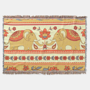 Ethnic elephants, flowers, seamless pattern. throw blanket