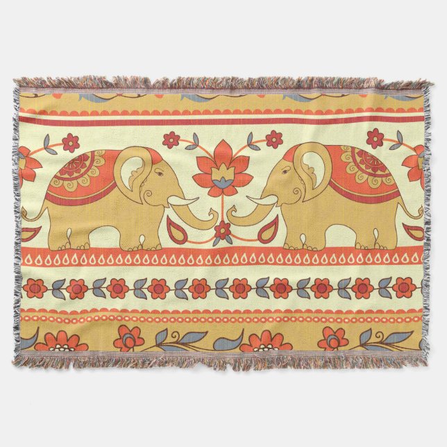 Ethnic elephants, flowers, seamless pattern. throw blanket (Front)