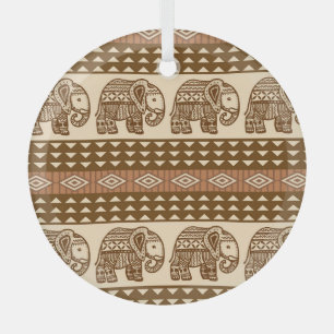 Ethnic Elephants Geometric Vintage Pattern Glass Tree Decoration