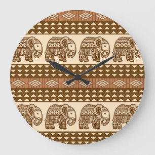 Ethnic Elephants Geometric Vintage Pattern Large Clock