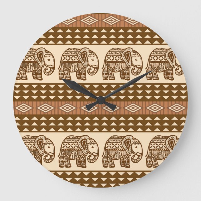 Ethnic Elephants Geometric Vintage Pattern Large Clock (Front)