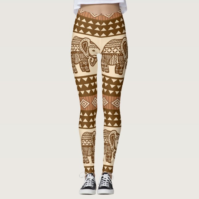 Ethnic Elephants Geometric Vintage Pattern Leggings (Front)