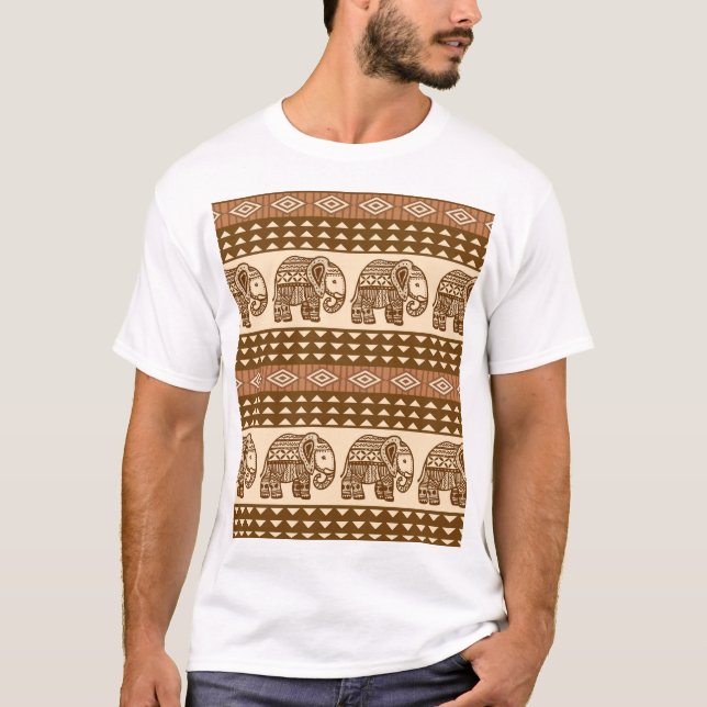 Ethnic Elephants Geometric Vintage Pattern T-Shirt (Front)