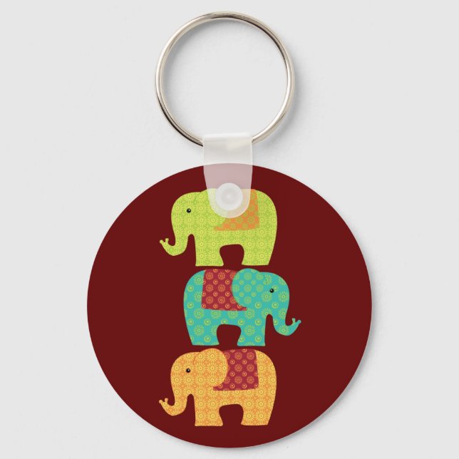 Ethnic Elephants with Flowers on Maroon Red Key Ring (Front)