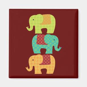 Ethnic Elephants with Flowers on Maroon Red Magnet