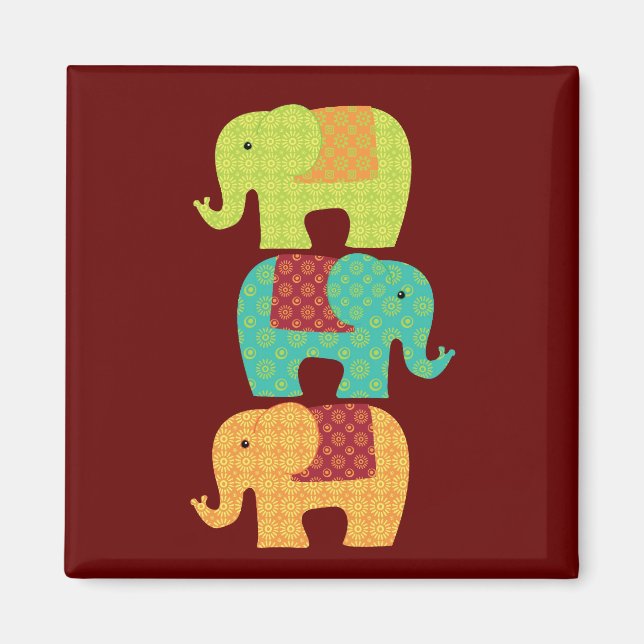 Ethnic Elephants with Flowers on Maroon Red Magnet (Front)
