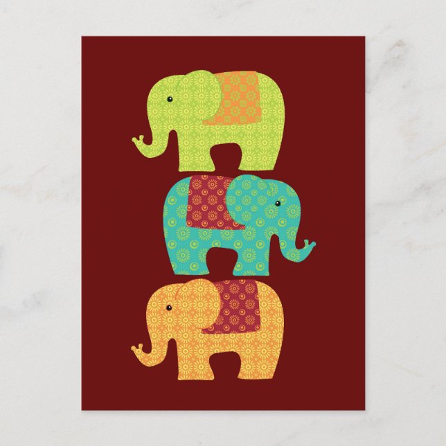 Ethnic Elephants with Flowers on Maroon Red Postcard (Front)