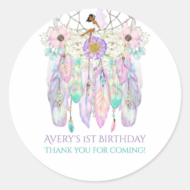 Ethnic Fairy Boho Dream Catcher Pastels Feathers Classic Round Sticker (Front)