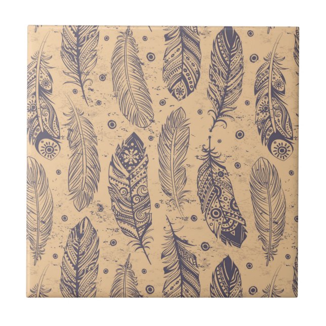 Ethnic Feather Outline Pattern Ceramic Tile (Front)