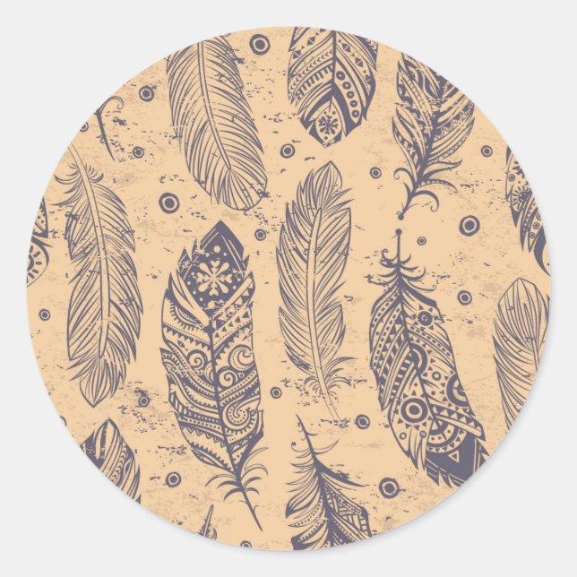 Ethnic Feather Outline Pattern Classic Round Sticker (Front)