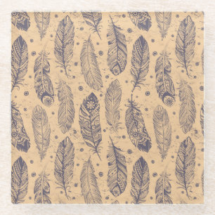 Ethnic Feather Outline Pattern Glass Coaster