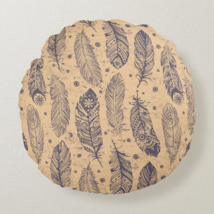 Ethnic Feather Outline Pattern Round Cushion