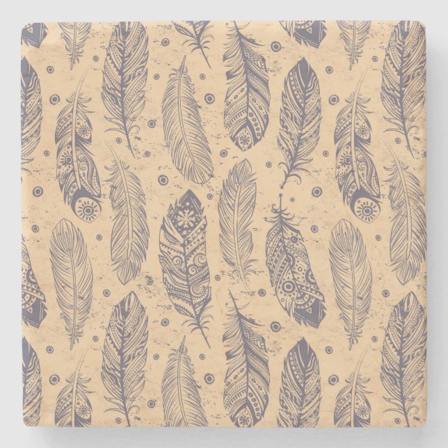 Ethnic Feather Outline Pattern Stone Coaster (Front)