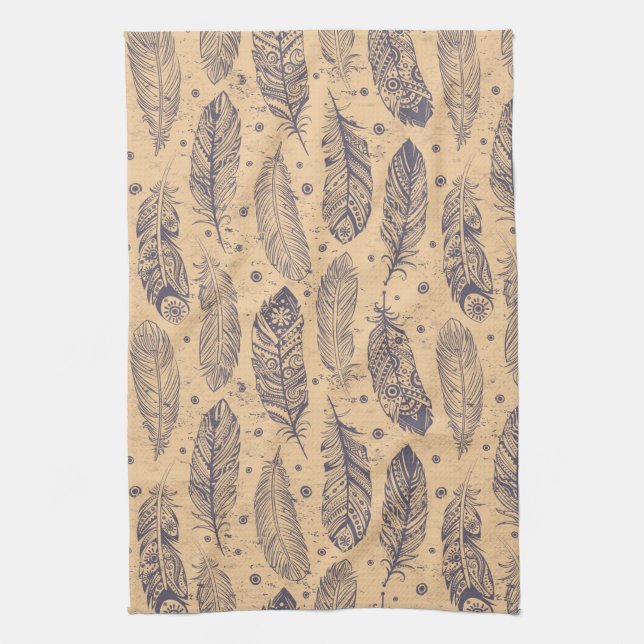 Ethnic Feather Outline Pattern Tea Towel (Vertical)