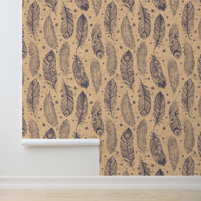 Ethnic Feather Outline Pattern Wallpaper (Application)