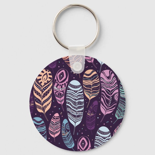 Ethnic feathers: black and white pattern key ring (Front)