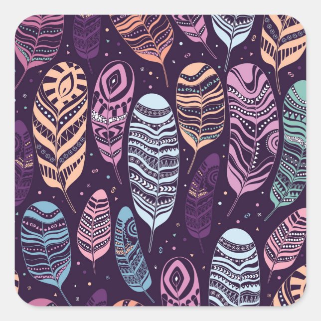 Ethnic feathers: black and white pattern square sticker (Front)