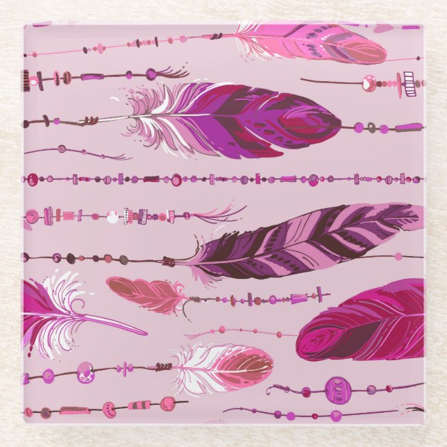 Ethnic Feathers: Bright Coloured Pattern. Glass Coaster (Front)