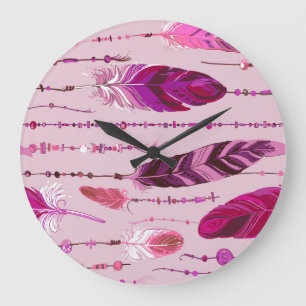 Ethnic Feathers: Bright Coloured Pattern. Large Clock