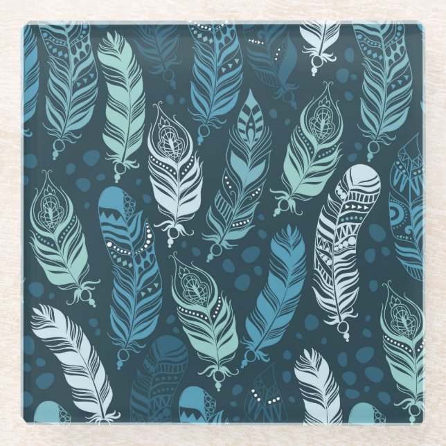 Ethnic Feathers: Colourful Seamless Pattern. Glass Coaster (Front)