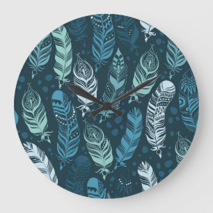 Ethnic Feathers: Colourful Seamless Pattern. Large Clock