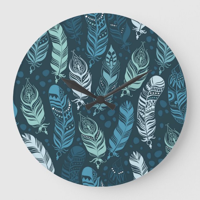 Ethnic Feathers: Colourful Seamless Pattern. Large Clock (Front)