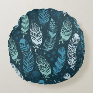 Ethnic Feathers: Colourful Seamless Pattern. Round Cushion