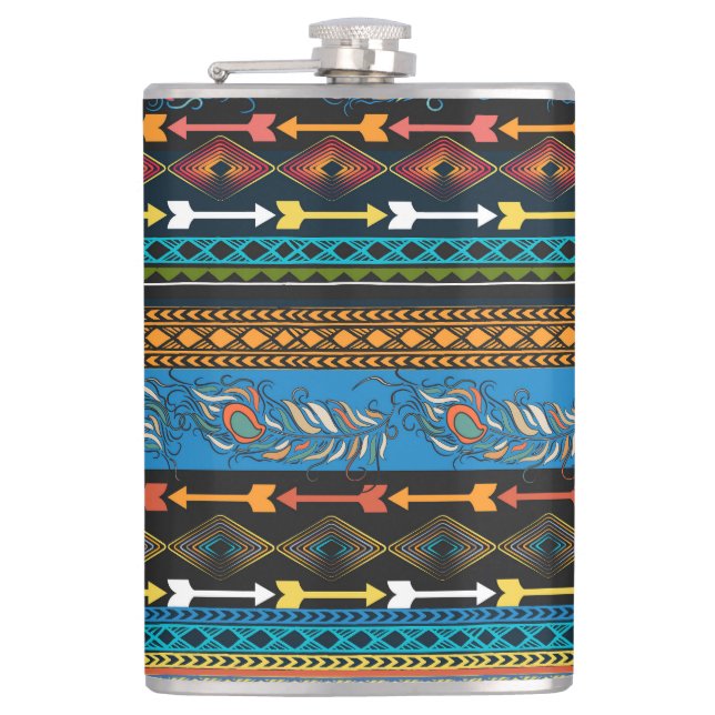 Ethnic Feathers: Embroidery Boho Chic Hip Flask (Front)