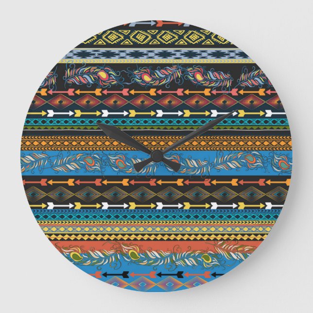 Ethnic Feathers: Embroidery Boho Chic Large Clock (Front)