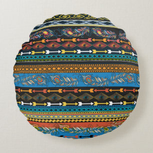 Ethnic Feathers: Embroidery Boho Chic Round Cushion