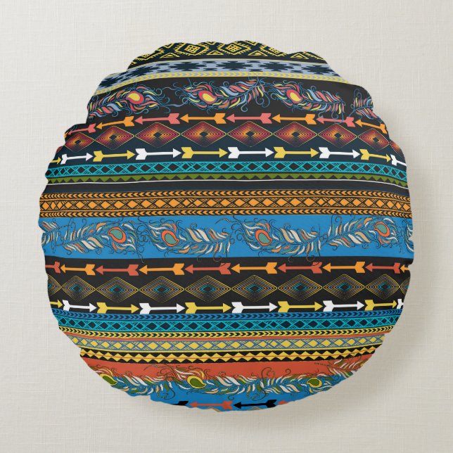 Ethnic Feathers: Embroidery Boho Chic Round Cushion (Front)