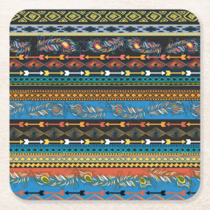 Ethnic Feathers: Embroidery Boho Chic Square Paper Coaster