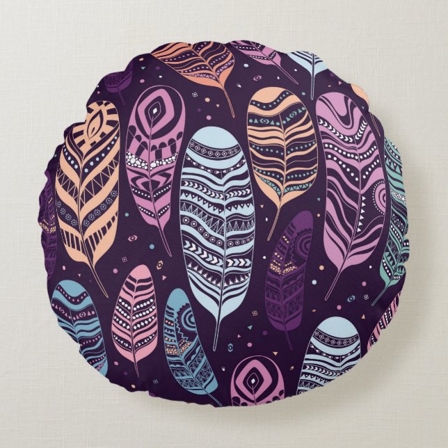 Ethnic feathers seamless pattern. round cushion (Front)
