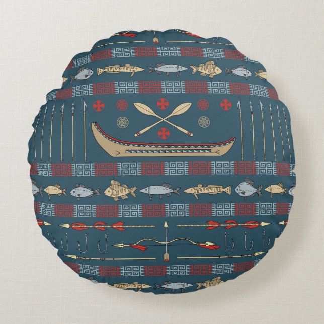 Ethnic Fishing Pattern Round Cushion (Front)