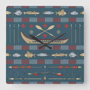 Ethnic Fishing Pattern Square Wall Clock