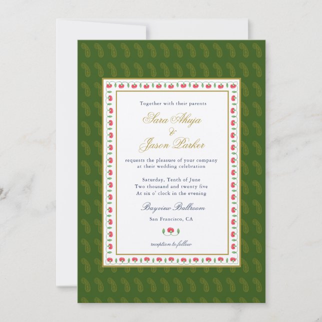 Ethnic Floral Frame Green Indian wedding  Invitation (Front)