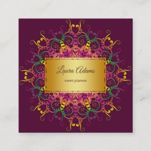 Ethnic floral mandala.Golden frame. Square Business Card