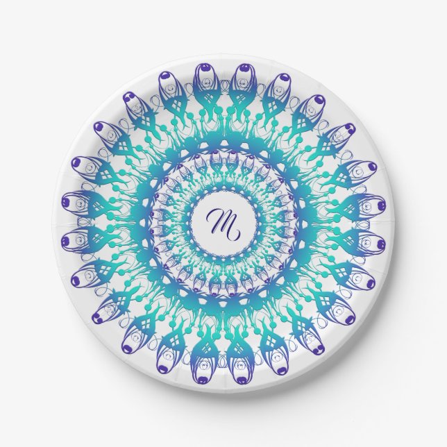 Ethnic floral mandala.Monogram Paper Plate (Front)