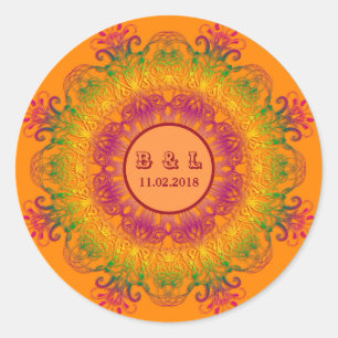 Ethnic floral mandala on orange background. classic round sticker