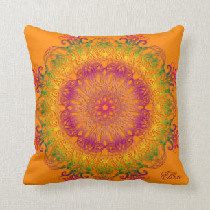Ethnic floral mandala on orange background. cushion