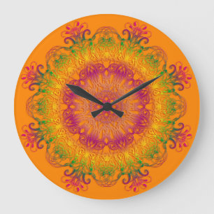 Ethnic floral mandala on orange background. large clock