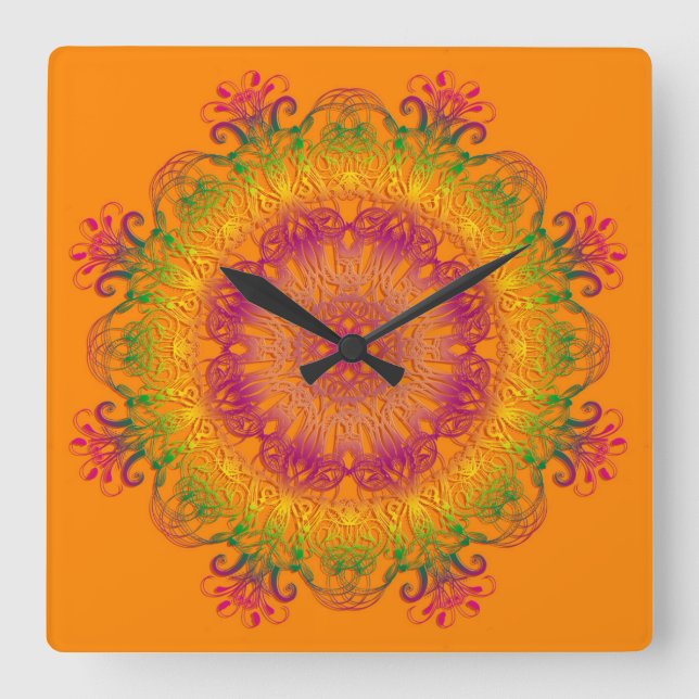 Ethnic floral mandala on orange background. square wall clock (Front)