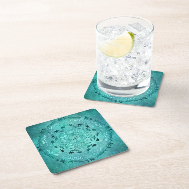 Ethnic floral turquoise grunge mandala coaster (Insitu)
