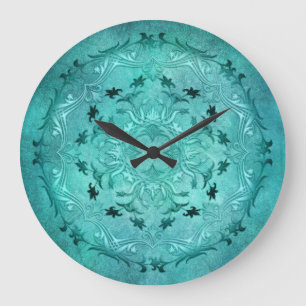 Ethnic floral turquoise grunge mandala large clock