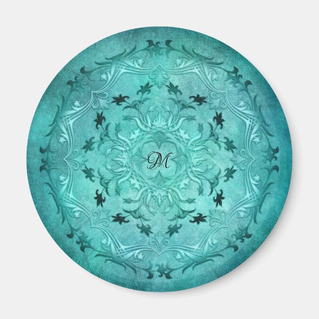 Ethnic floral turquoise grunge mandala magnet (Front)