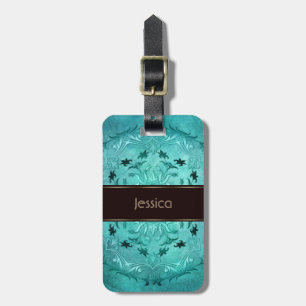 Ethnic floral turquoise grunge mandala. Name. Luggage Tag
