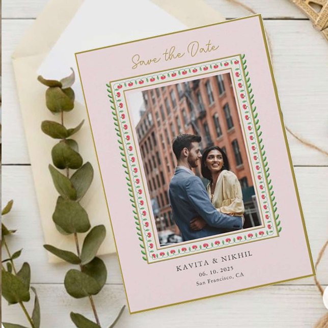 Ethnic Flower border Pink Photo Save The Day  Announcement Postcard (Creator Uploaded)