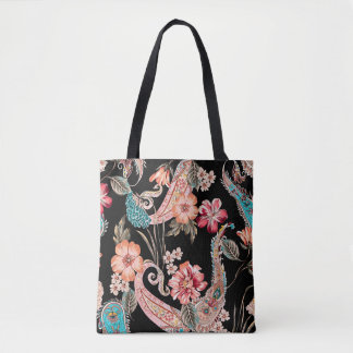 Ethnic flowers and leaves with paisley vintage ele tote bag